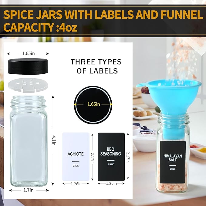 36 Glass Spice Jars with Labels, Spice Jar Set, 4oz Spice Containers, Seasoning Containers with Black Airtight Lids and Shaker Lids, Square Empty Spice Bottles, 492 Labels, 1 Funnel