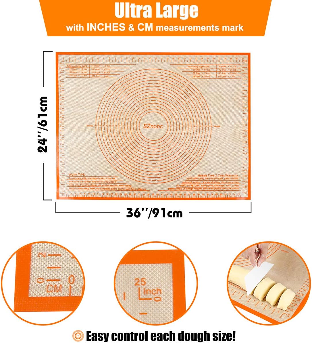 Silicone Pastry Mat 36'' By 24'' Extra Large Baking Mat with Measurements for Dough Rolling, Kneading Board, Kitchen Counter Mats for Dough, Pastry, Fondant, Pie Crust, Cookies, Bread, Pasta, Pizza