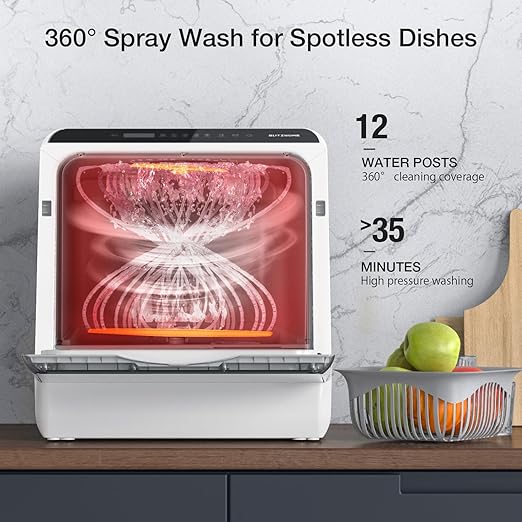 BLITZHOME Portable Dishwasher Countertop, WIFI Smart Dishwasher, Compact Dishwashers with 5L Built-in Water Tank, 6 Programs, 360° Dual Spray, High-Temp& Air-Dry Function, Fruit Cleaning