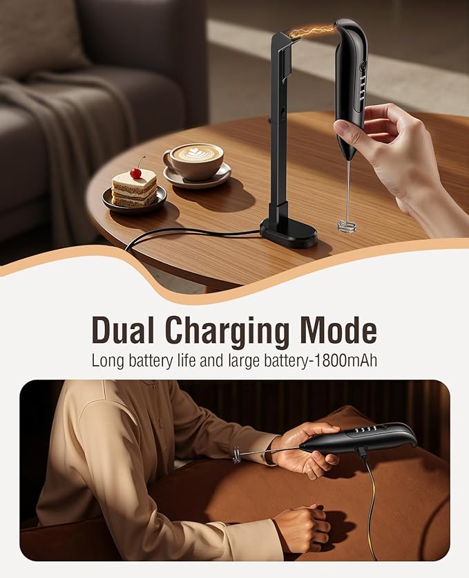 Electric Milk Frother Handheld: Rechargeable 3 in 1 - LED Digital Display with 3 Speeds Portable Stainless Steel Drink Foam Mixer for Milk Coffee, Lattes, Cappuccino, Matcha - Starlight Black