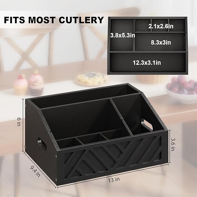 Paper Plate Dispenser for Party, Wood Outdoor Utensil Caddy for Parties, Paper Plate Holders Organizer for Countertop, Black Silverware Holder for Buffet Cutlery, Plates,Flatware, Utensils and Napkins
