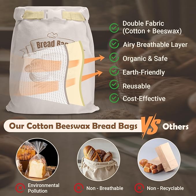 Cotton Beeswax Bread Bag (2 Pack) Reusable Double-Lock Freezer Safe for Homemade Sourdough Bread Food Storage Gifts for Sourdough Bakers (Pattern 2)