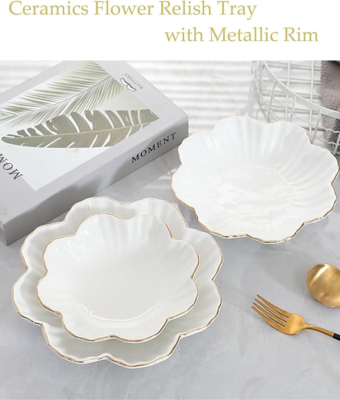 Porcelain Serving Dish,Ceramics Flower Relish Tray with Metallic Rim,Serving Bowls for Wedding,Party Perfect for Small Cereal, Pasta, Salad, Candy and Snacks White 9 inch
