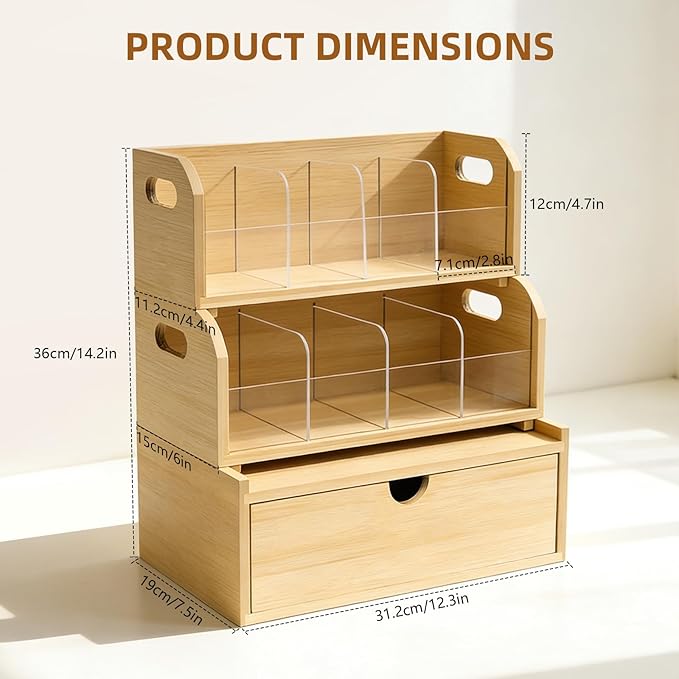 3-Layer Stackable Bamboo Tea Bag Organizer with Drawer, No-Tool Assembly Tea Organizers and Storage Holder for Countertop, Cabinet, Office, Kitchen, Pantry
