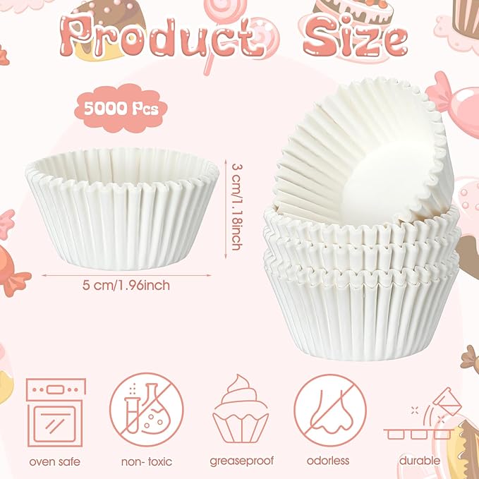 Jinei 5000 Pcs White Cupcake Liners Bulk Baking Cups Wrappers Pack 1.97 Inch Paper Muffin Liners for Disposable Standard Cupcakes Muffins Nuts Wedding Birthday Party Baby Shower Festivals(White)