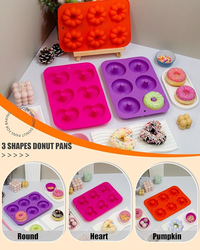 Silicone Donut Pan 3pcs Non-Stick Doughnuts Baking Pans for Donuts, 6 Cavity Heritage Bundtlette Cake Silicone Mold for Baking (Orange+Pink+Purple)