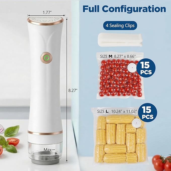 Compact Vacuum Sealer for Food with Visible Tank, Handheld Vacuum Sealer Machine, Includes 30 Reusable Bags, Seal Food 6X Fresh Longer, Wireless & Portable, Suitable for Kitchen and Travel, White