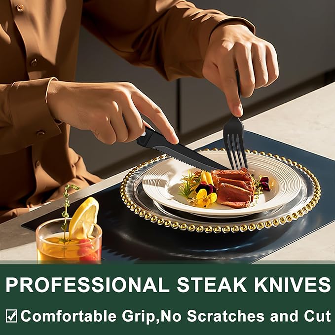 49-Piece Black Silverware Set with Organizer, Food-Grade Stainless Steel Black Flatware for 8, Cutlery Utensil Sets with Steak Knives, Rust-proof, Mirror Polished, Dishwasher Safe, Roman Column