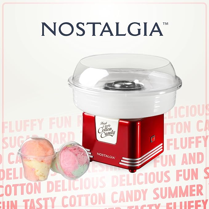 Nostalgia Retro Hard and Sugar Free Countertop Original Cotton Candy Maker, Includes 2 Reusable Cones and Scoop – Red
