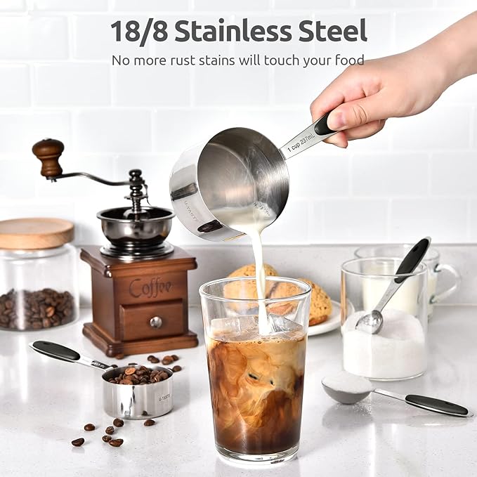 U-Taste Measuring Cups Spoons Set: 18/8 Stainless Steel 12 Pieces Stacking Kitchen Baking Cooking Food Measure Scoop Set, 7 Cups & 5 Spoons with Strengthened Weld Joints (Black, Upgraded Version)