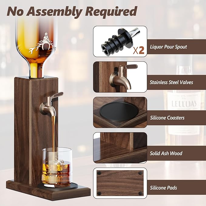 Ash Wood Whiskey Liquor Dispenser for Home Bar,Leakproof Alcohol Dispenser for Bourbon/Scotch,Includes Liquor Bottle Pour Spouts,Ideal Whiskey Gifts for Men (Father's Day,Birthday) Man Cave