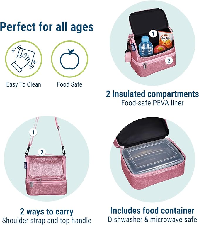 Wildkin Kids Two Compartment Insulated Lunch Bag – Keeps Food Hot or Cold, Easy-Clean Lining, Leak-Resistant & BPA-Free – Boys & Girls, Ideal for School, Travel & Daycare – Pink Glitter