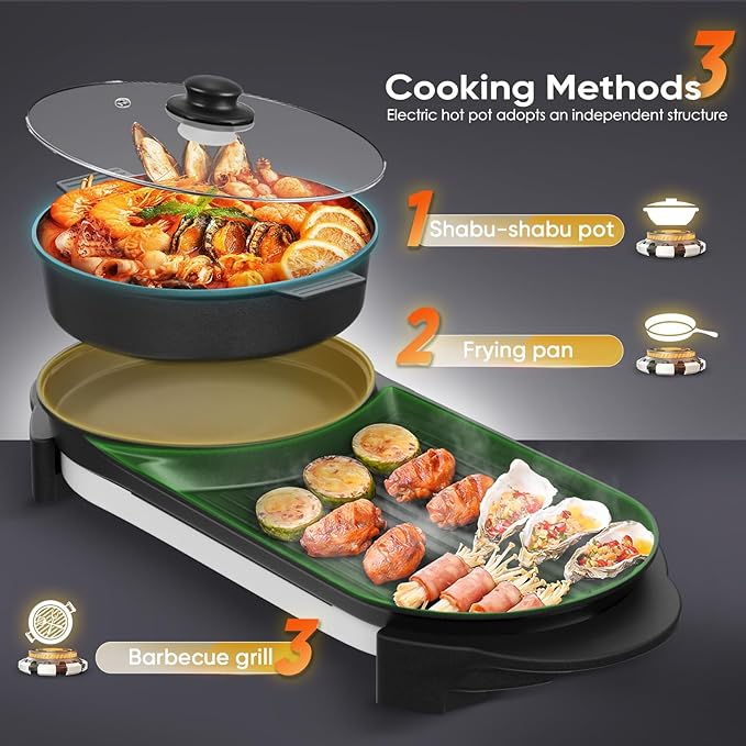 2 in 1 Electric Smokeless Hot Pot with Grill, 2200W Removable Hotpot Pot, Korean BBQ and Shabu Indoor Combo,Non-Stick Skillet Pan, Dual Adjustable Temperature, 1-6 People