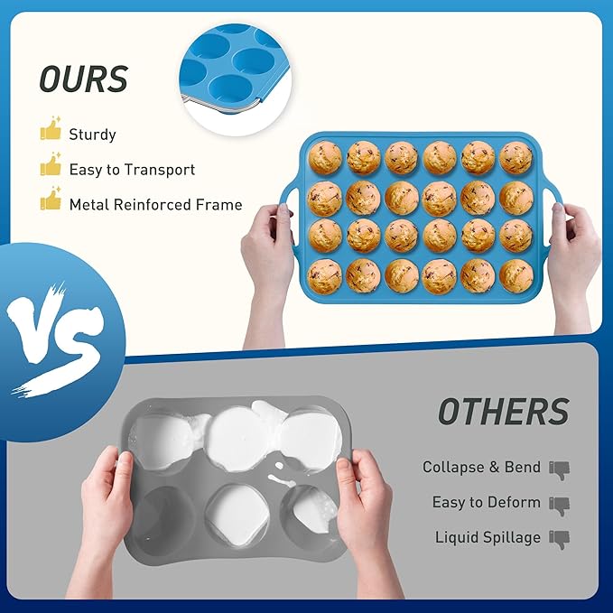 Socisen 2 Packs 24 Cups Silicone Muffin Pan with Metal Reinforced Frame Mini Size Cupcake Pan Tray Egg Bites Cookie Molds Muffin Tin Tart Pans chocoflan mold Baking Sheet Set Breakfast Sandwiches