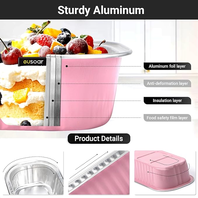 EUSOAR Cupcake Liners with Lids, 25pcs 6.8oz 6.5"x2.5"x1.2" Pink Aluminum Mini Loaf Pans with Lids, Foil Ramekins Pan Tin with Lids，Cupcake Baking Cups Containers, Dessert Cheesecake Pan