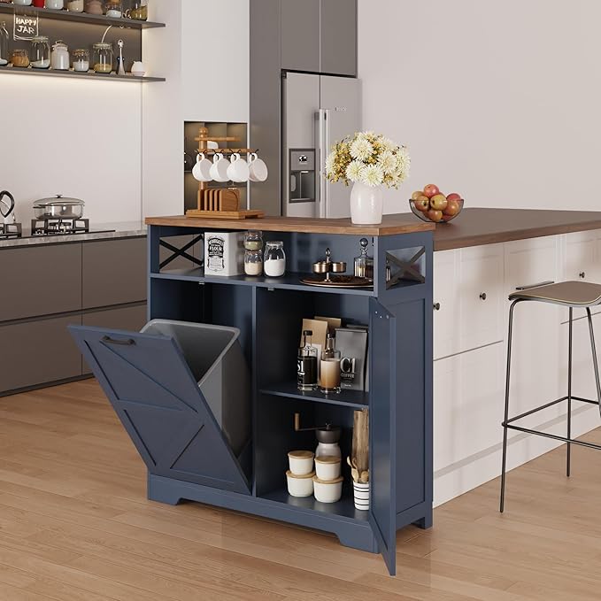 Befrases Tilt Out Trash Can Cabinet for 13 * 1 Gallon Trash Can, Farmhouse Kitchen Island Cabinet with Adjustable Shelf for Hidden Laundry Basket, Dog Proof Garbage Can for Dining Living Room, Blue
