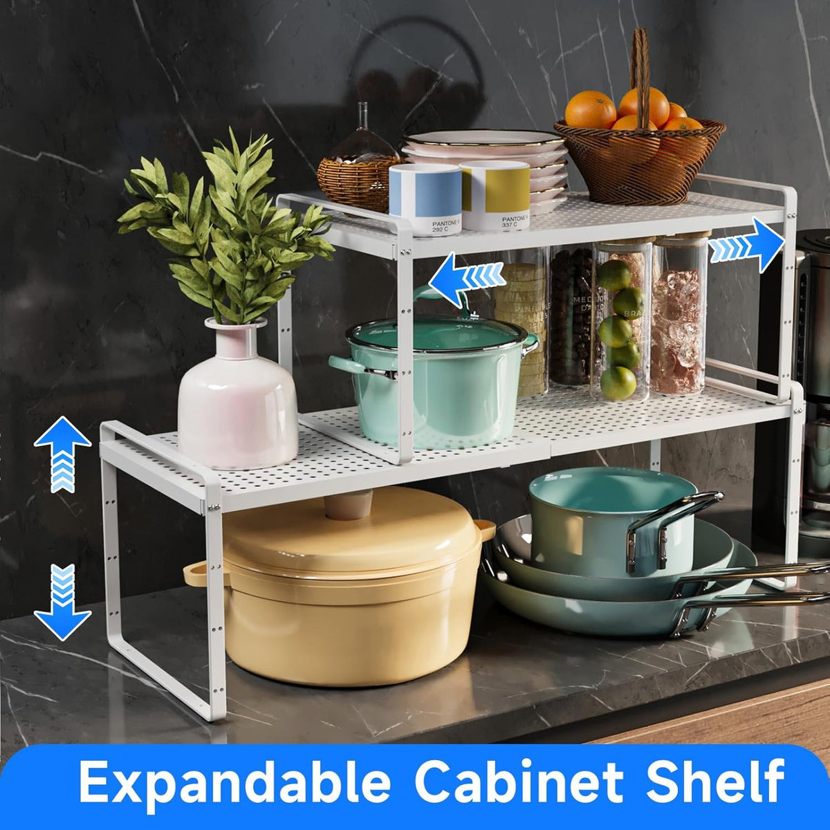 Expandable Kitchen Shelf Organizers, Kitchen Cabinet Organizer Stand Rack Organization for Countertop Cupborad Pantry, White 2 Pack