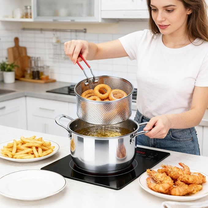 Deep Fryer Pot with Basket, 4.0L/4.2QT 304 Stainless Steel Standard Capacity Multi-function Cooking Pot with Strainer Basket, Anti-scald Handle, Egg Steamer Rack and Lid for Kitchen Camping