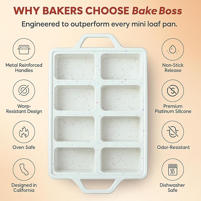 2-Pack Silicone Mini Loaf Pans for Baking Bread – 8-Cavity Nonstick Baking Molds with Metal-Reinforced Handles – BPA-Free, Odor-Resistant Silicone mini bread loaf pans for Cakes & Meatloaf – Cream