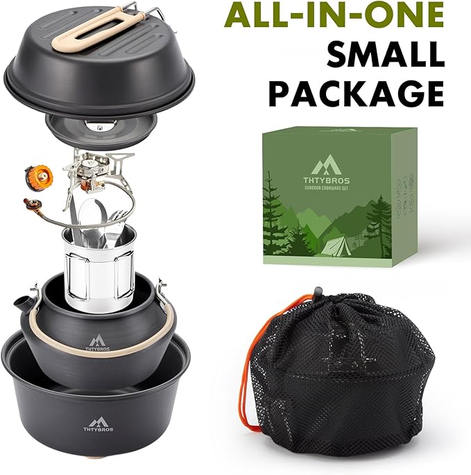 THTYBROS 17pcs Camping Cookware Kit, 0.45Gal Pot, 7inches Pan,0.30Gal Kettle Set with 2 Set Stainless Steel Cups Plates Forks Knives Spoons for Hiking