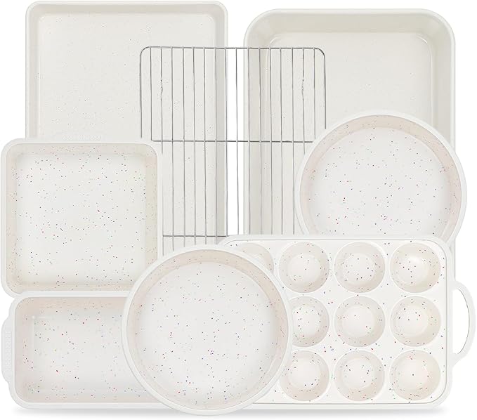Vinino 8-Piece Baking Pans Set Nonstick, Bakeware Set includes Silicone Muffin, Loaf, Cake Pans with Metal Reinforced Frame, and Carbon Steel Roasting Pan, Cookie Sheet, Cooling rack for Oven-Cream