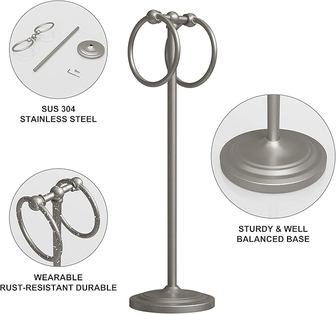 BGL Fingertip Towel Holder Stand Hand Towel Ring for Bathroom or Kitchen Vanity Countertops to Store Hand Towels Washcloths or dishcloths - 2 Hanging Rings?19" High-Brushed Nickel