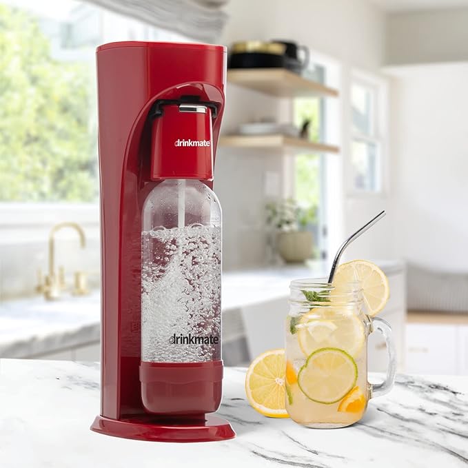 Drinkmate OmniFizz Sparkling Water Maker & Soda Streaming Machine | Carbonates Any Drink | SPECIAL BUNDLE | Includes 60L CO2 Cartridge + Two BPA-Free Bottles (Royal Red)