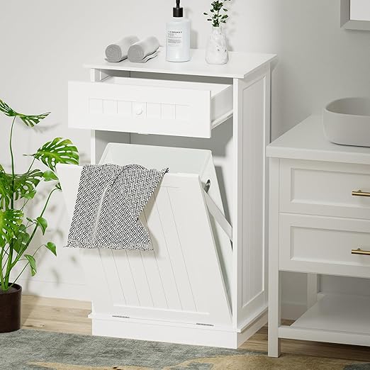 Wooden Tilt Out Trash Can Cabinet, 10 Gallon Dog Proof Garbage Can Holder, Kitchen Island with Laundry Hamper, White