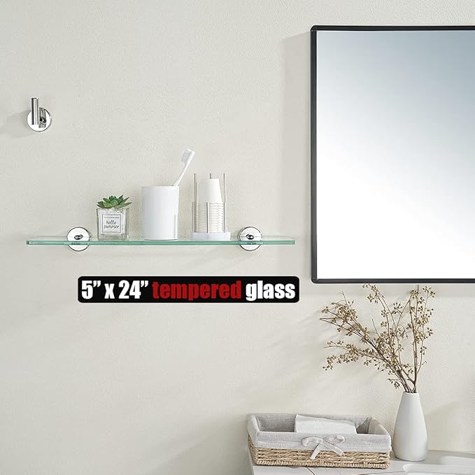 JQK Bathroom Glass Shelf Chrome, Tempered Glass Shower Storage 24 by 5 inches, 304 Stainless Steel Polished Chrome Wall Mount, TGS101L24-CH