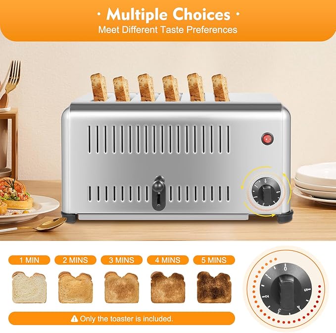Electric 6 Slice Toaster, 1680W Stainless Steel Commercial Toaster with 6 Wide Slot, 1-5 Minute Timer Bread Baking Machine with Crumb Tray or Home Bakery Restaurant Dessert Store