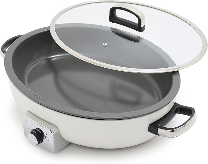 GreenPan Elite 5.5QT Electric Oval Skillet, PFAS-Free Ceramic Nonstick, 1800 Watt, Dishwasher Safe Lid & Removable Crock, Adjustable Temp Control Multi-Cooker, Sear, Sauté, Rice, Stir-Fry, Cream White