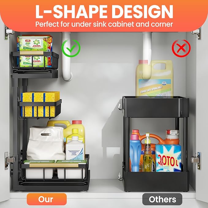 Under Sink Organizer and Storage for Bathroom and Kitchen - 2 Pack 3 Tier Under Cabinet Pull Out Shelf Organizers - Slide Out Drawer Organization for Home Cabinets Shelves and Drawers