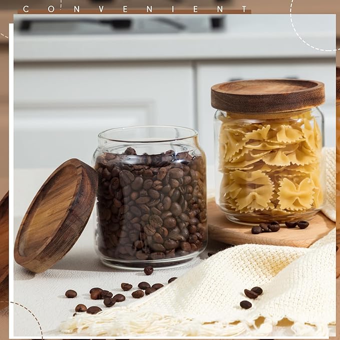 Irenare 24 Pack Glass Containers Canister Set, 17 oz Food Storage Spice Jars with Airtight Lids, Clear Kitchen Containers for Coffee Sugar Tea Beans Nuts Candy Pantry Organization (Wood)