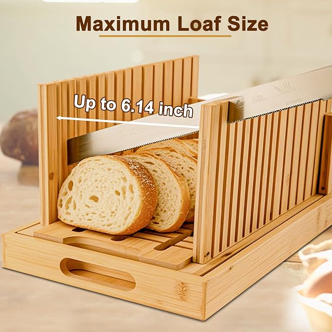 Bread Slicer for Homemade Bread, Bamboo Bread Slicing Guide Adjustable Width, Foldable and Compact Cutting Guide with Crumb Tray for Cakes, Bagels, Loaves, Kitchen Gadgets & Gifts (Knife Not Included)