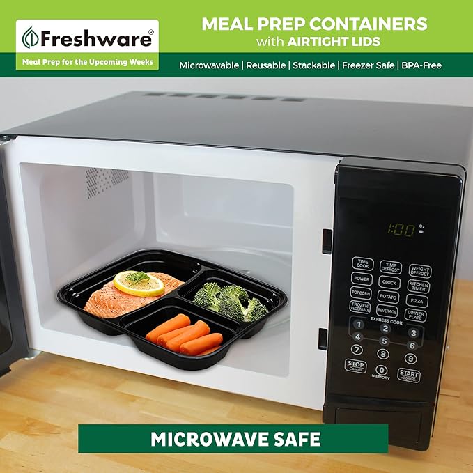 Freshware Meal Prep Containers [21 Pack] 3 Compartment with Lids, Food Storage Containers, Bento Box, Stackable, Microwave/Dishwasher/Freezer Safe (24 oz)