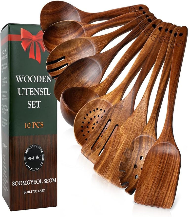 Natural Teak Wood Kitchen Utensil Set - 10 Piece Non-Stick Cooking Spoons & Spatulas, Heat Resistant & Eco-Friendly, Durable Wooden Tools for Nonstick Cookware