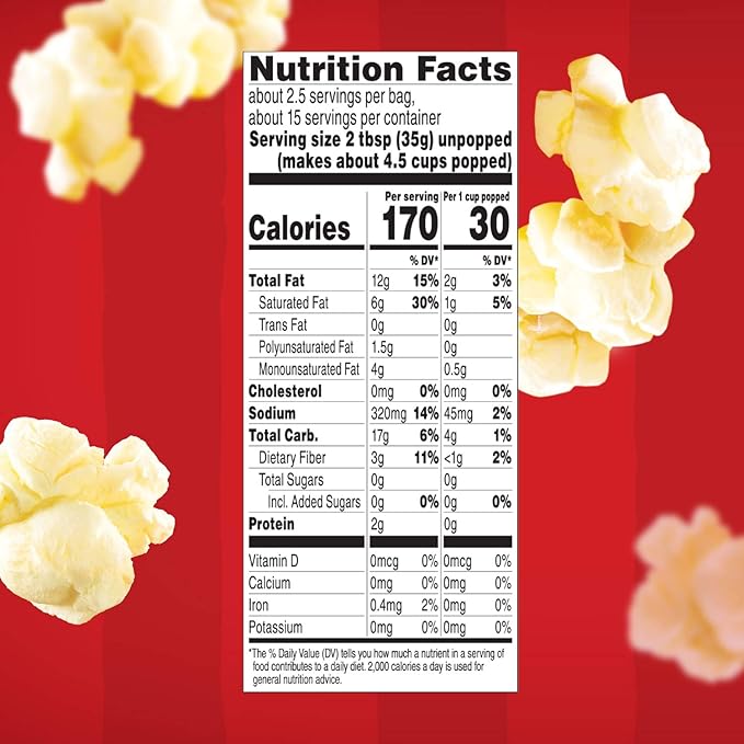 Orville Redenbacher’s Microwave Popcorn, Classic Butter Flavor, 2g Fiber Per Serving, 3.3 oz., 6-Count