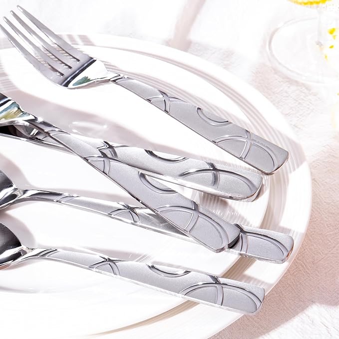 HIKAA 24PCS Stainless Steel Silverware Set with Steak Knives, Modern Flatware Set for Kitchen, Mirror Polished Cutlery Set with Forks, Spoons and Knives，Dishwasher Safe