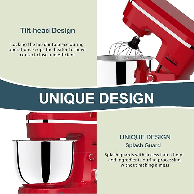 Household Stand Mixer with 6.5 Quart Bowl, Electric Food Mixer 10+p Speeds 660W, Tilt-Head Bread Dough and Cake Mixers with Dough Hook, Whisk, Beater, Splash Guard and Egg Separator (Red)