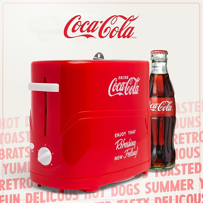 Nostalgia Coca-Cola Hot Dog Toaster - 2 Slot Bun Mini Tongs - Works with Chicken, Turkey, Veggie Links, Sausages and Brats - Coke Red