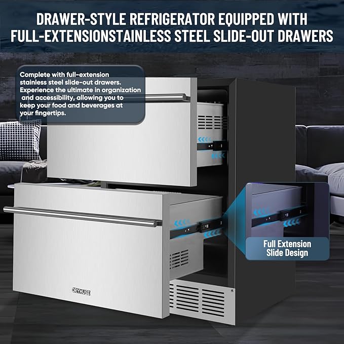 ORYMUSE Outdoor Drawer Refrigerator, 24 Inch Undercounter Beverage Cooler Fridge with Stainless Steel Seamless Door Can Hold 154 Cans w/Powerful Cooling Compressor for Kitchen and Commercial