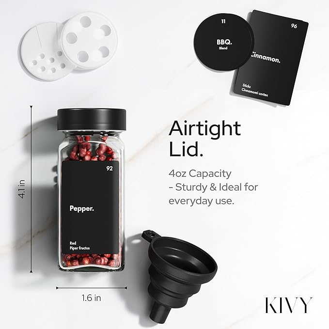 KIVY Glass Spice jars with Label & Shaker Lids [24x 4oz] Airtight Seasoning Containers for Cabinet & Drawer - Empty Spice Bottles - Spice containers with labels - Black spice jars with black lids