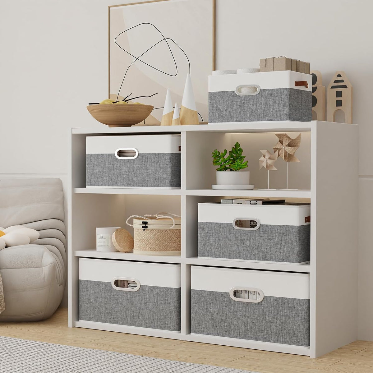 Yawinhe Fabric Storage Bins with Handles, Foldable Baskets for Shelves, Cubes with 3 Handles, Large Boxes for Clothes, White/Grey, 16.9''Lx11.8''Wx10.2''H, 6-Pack