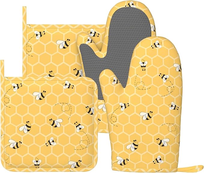 Yellow Honey Honeycomb Cute Bee Oven Mitts And Pot Holders Set Of 4 Silicone Heat Resistant Oven Mitten Potholders Non Slip Gloves Kitchen Decor For Bbq Cooking Grilling Baking