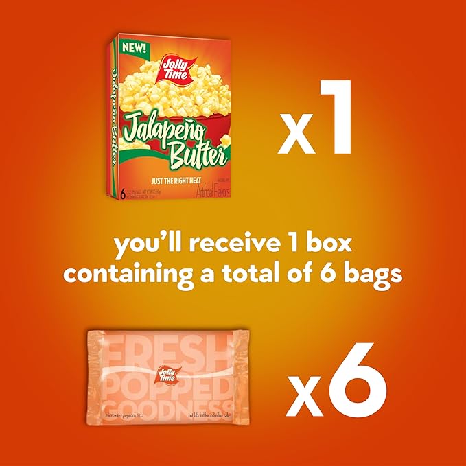 Jolly Time Jalapeño Butter, Microwave Popcorn with Just the Right Heat, 3oz Sharing Bag, 6 Bags Per Carton (Jalapeño Butter, 3 Ounce (Carton of 6))