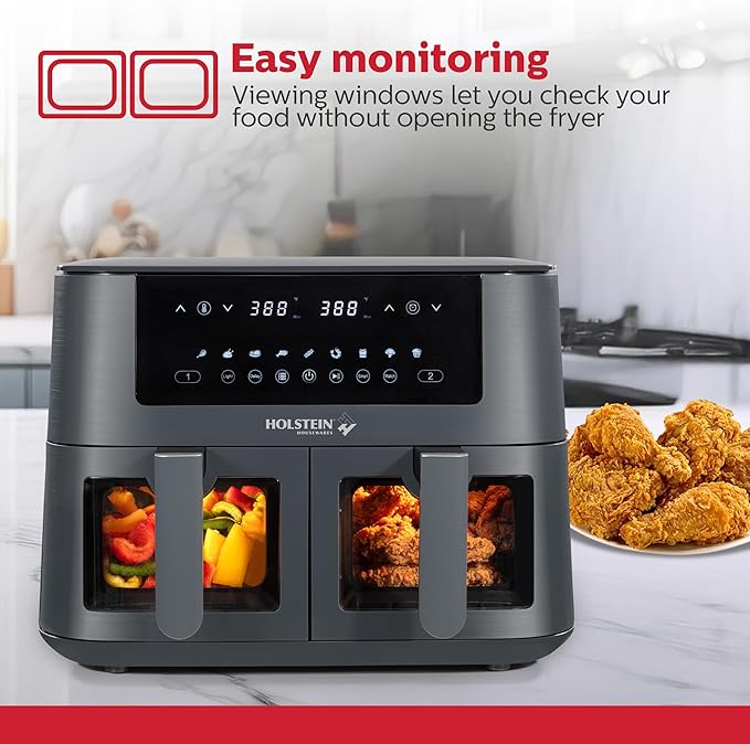 Holstein Housewares 8.4QT Dual Basket Digital Air Fryer with viewing window and led display with 7 preset options. Fry, bake, grill, dehydrate, and roast healthier recipes. Dishwasher Safe