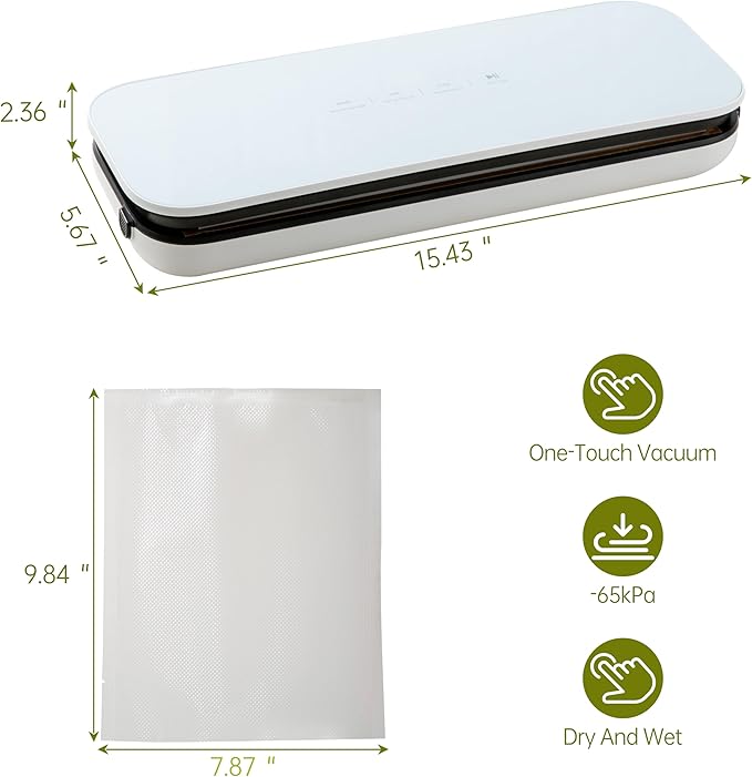 THETCHRY Vacuum Sealer For Food,6-In-1 Food Sealer Machine with 20 Large Vacuum Bags,Built-In Water Tank&Cutter,Powerful Low- Noise Food Saver with Glass Touch Screen,White