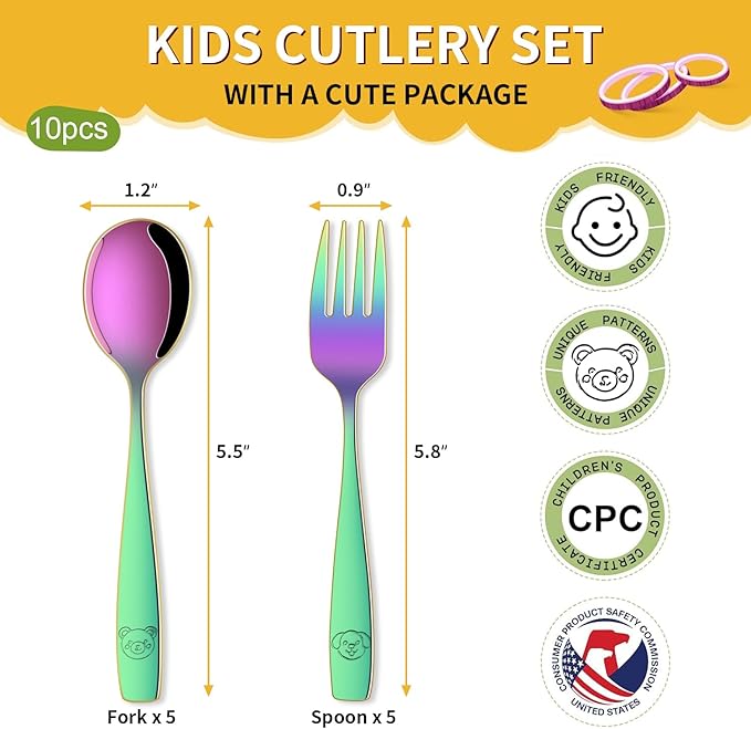 DEHOV Rainbow Toddler Eating Utensils Set,Set Of 12 Food Grade Stainless Steel Silverware Sets For Kids,Dishwasher Safe Children Small Metal Spoons And Forks Flatware Sets