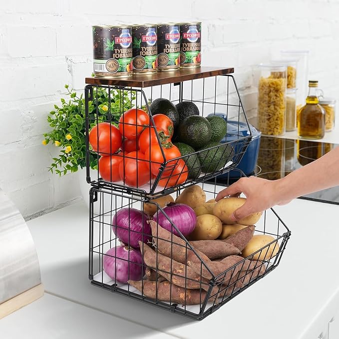 Wawocs 2 Tier Stackable Wall Mounted Hanging Basket, Fruit Basket for Kitchen Counter, Storage Bin with Wood Lid, Onion Storage, Fruit and Vegetable Storage, Countertop Organizer