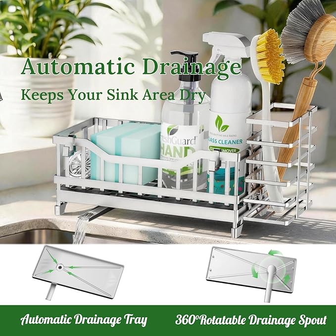 Sponge Holder for Kitchen Sink, Kitchen Sink Caddy with Long-Handled Dish Brushes Holder, 304 Rustproof Stainless Steel Countertop Organizers and Storage, Home Kitchen Sink Accessories(Silver)
